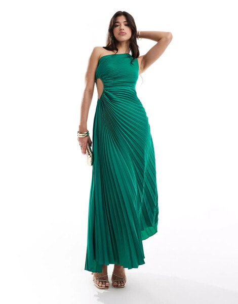 Aria Cove pleated one shoulder cut out maxi dress in green