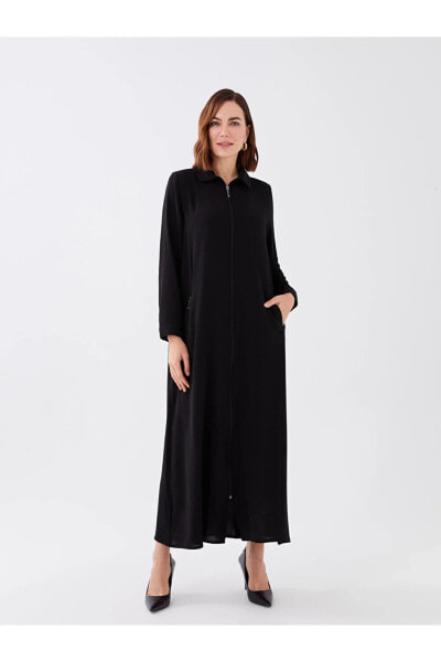 Polo Yaka Düz Uzun Kollu Kadın Armürlü Elbise