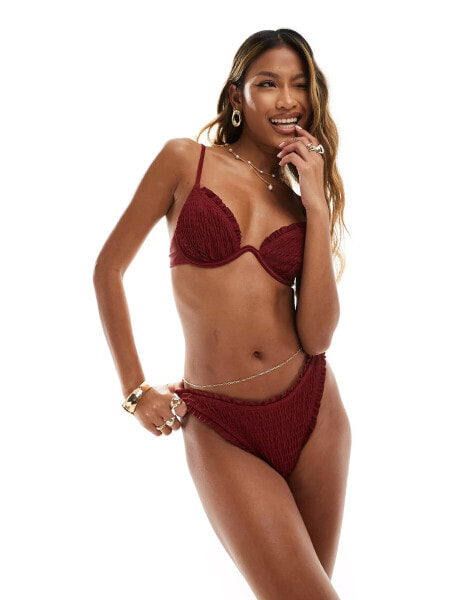 South Beach frilly crinkle high leg bikini bottom in pomegranate