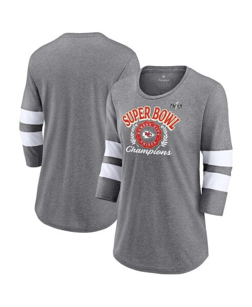 Women's Heather Gray Kansas City Chiefs Super Bowl LVIII Champions Written Script Tri-Blend 3/4-Sleeve T-shirt