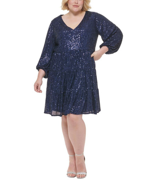 Plus Size Sequined Long-Sleeve Tiered Dress