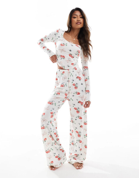 Kaiia – Mix and Match – Weite Pyjama-Hose mit Erdbeer- und Schleifenprint, Kombiteil