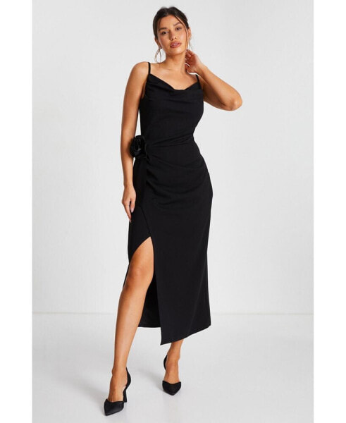 Women's Scuba Crepe Cowl Neck Maxi Dress With Corsage Detail