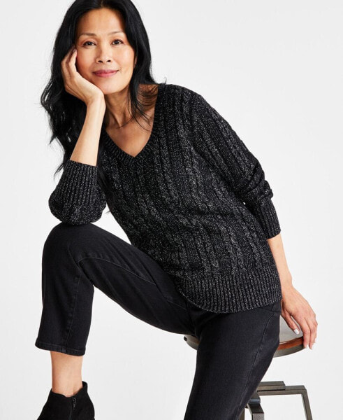 Women's V-Neck Shine Cable-Knit Long-Sleeve Sweater, Regular & Petite, Created for Macy's