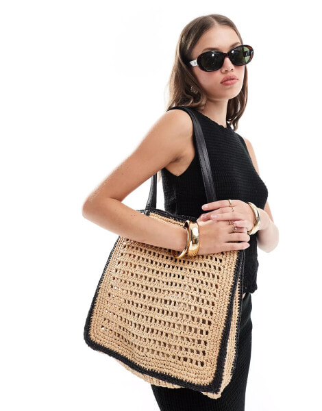 Mango oversized crochet tipped shoulder bag in brown