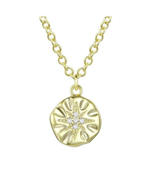 14K Gold Plated With Cubic Zirconia Engraved Round Pendant Necklace