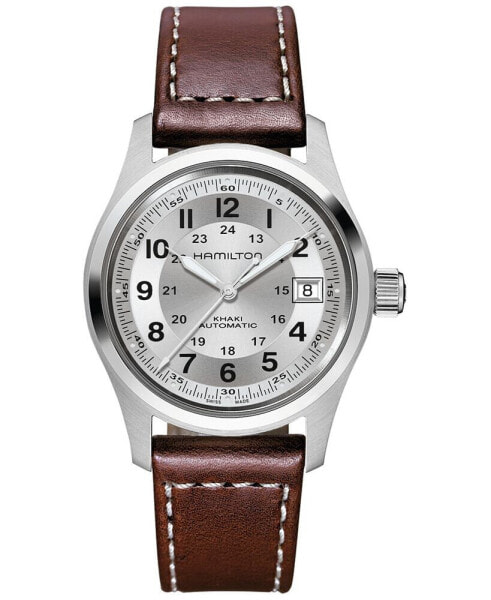 Men's Swiss Automatic Khaki Field Brown Leather Strap Watch 38mm