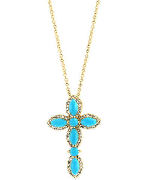 EFFY® Turquoise & Diamond (1/5 ct. tw.) Cross 18" Pendant Necklace in 14k Gold