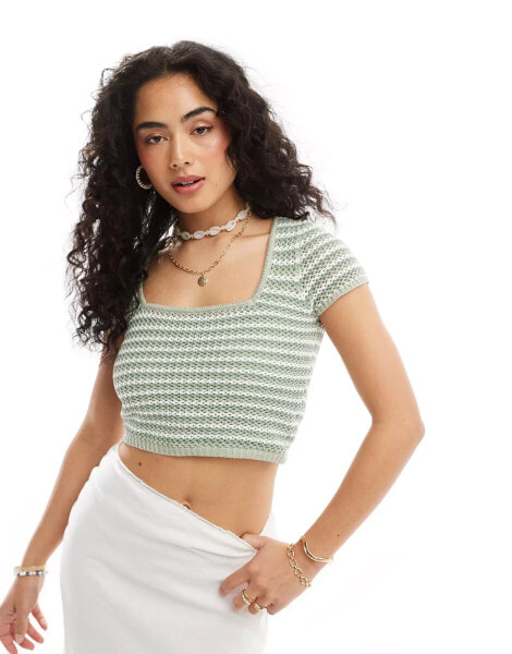 Hollister short sleeve stripe crochet top in green