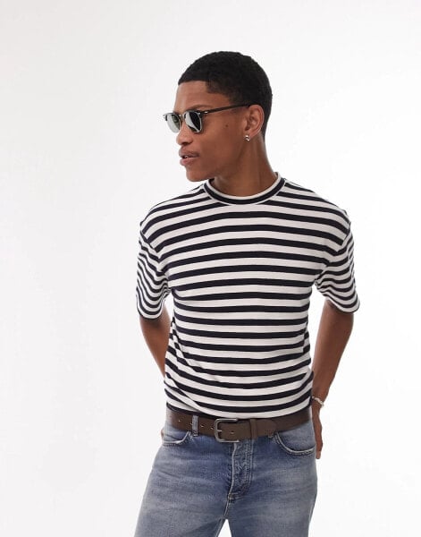 Topman oversized knitted t-shirt with stripe in white and navy