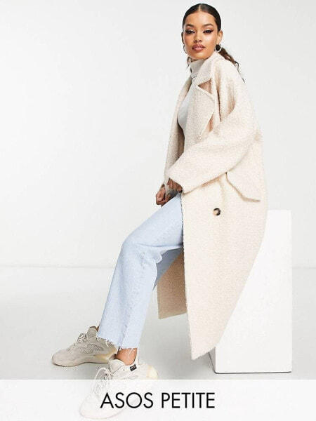 ASOS DESIGN Petite smart double breasted boucle wool mix coat in cream