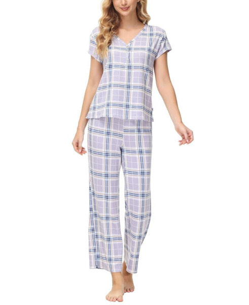 Women's 2 Piece Printed Short Sleeve Henley Top with Wide Pants Pajama Set