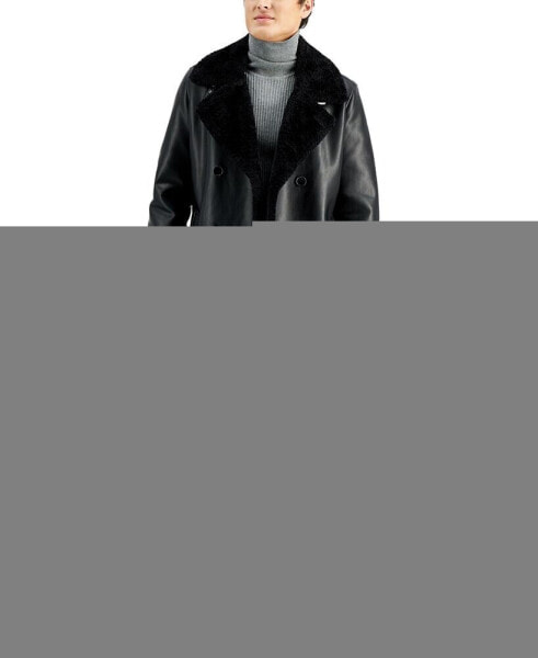 Men's Long Pleather Double Breasted Coat with Faux Shearling Cuff and Collar