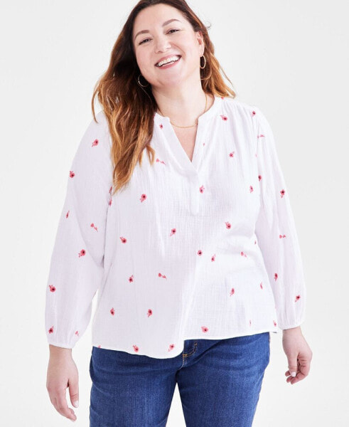 Plus Size Cotton Printed Long-Sleeve Top, Created for Macy's