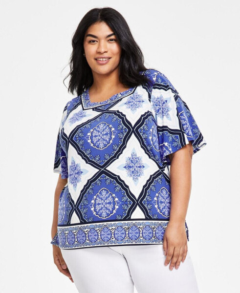 Plus Size Ann Marie Medallion Square-Neck Top, Created for Macy's