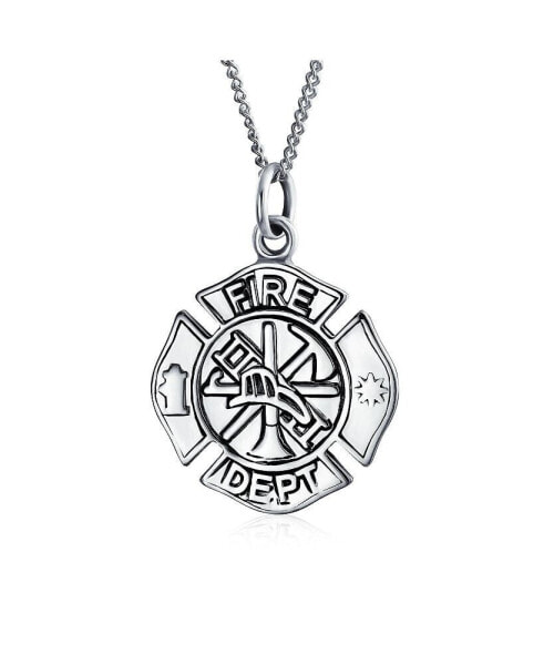 Bling Jewelry round Small Firefighter Fire Dept Shield Medallion Pendant Necklace For Firemen Wife For Women Sterling Silver 16 Inch