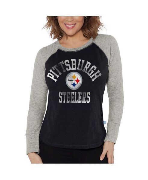 Women's Black, Heather Gray Distressed Pittsburgh Steelers Waffle Knit Raglan Long Sleeve T-shirt