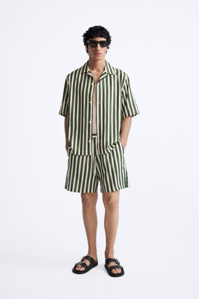 STRIPED VISCOSE/LINEN BLEND SHIRT