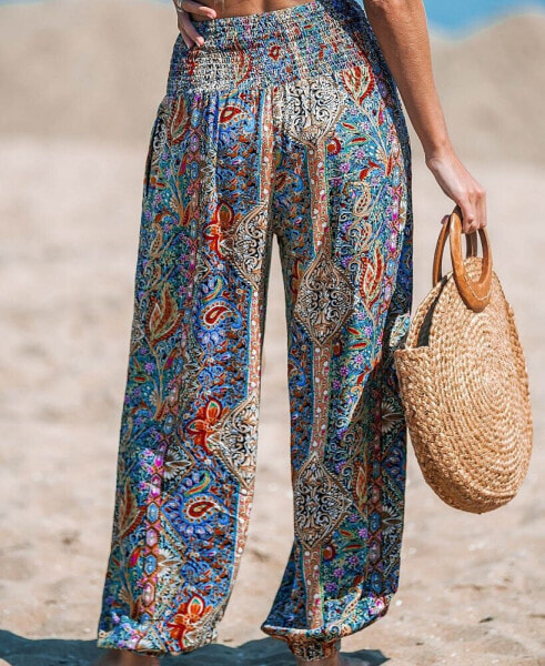 Women's Paisley Smocked Waist Tapered Leg Pants