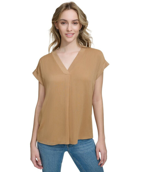 Women's Mixed Media Cap-Sleeve V-Neck Top