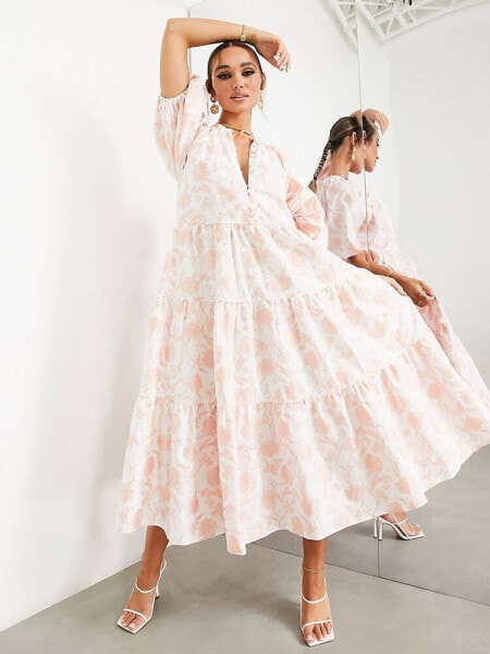 ASOS EDITION tiered smock midi dress in pink floral jacquard 