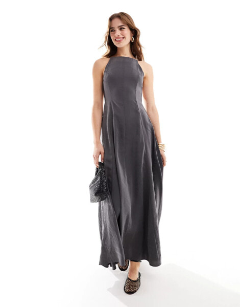 ASOS DESIGN high neck full maxi dress with open back in charcoal