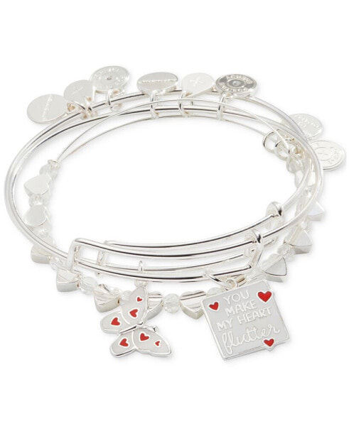 Silver-Tone 3-Pc. Set You Make My Heart Flutter Charm Bangle Bracelets