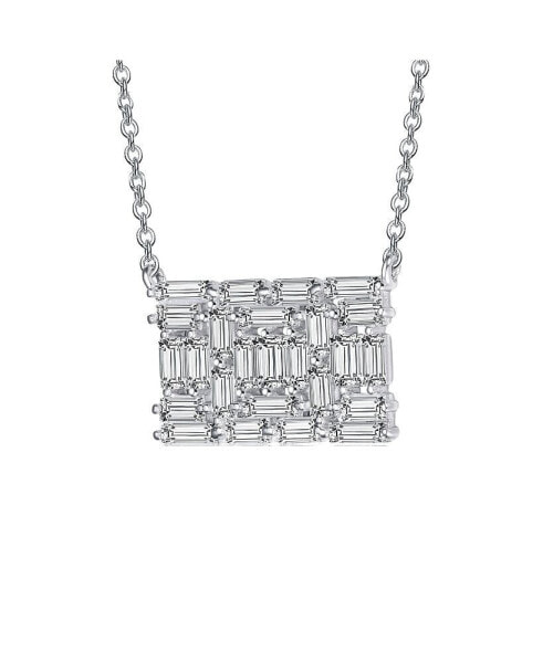 Sterling Silver with White Gold Plating Clear Emerald Cubic Zirconia Rectangular Cluster Necklace