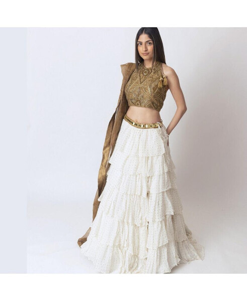 Women's Gold and White Tiered Lehenga Choli