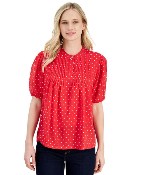 Women's Dot-Print Pintuck Short-Sleeve Blouse