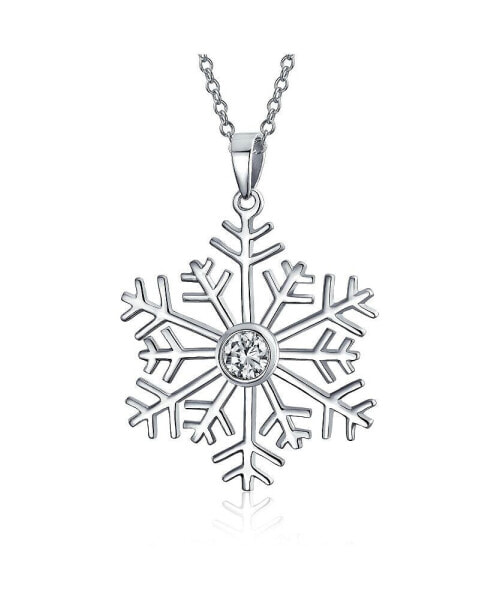 Cubic Zirconia CZ Accent Holiday Party Frozen Winter Snowflake Pendant Necklace For Women For Teen .925 Sterling Silver