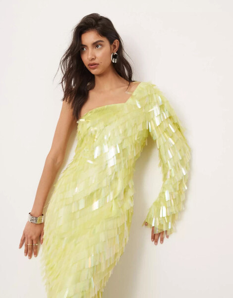 ASOS EDITION allover embellished one shoulder midi dress in lime