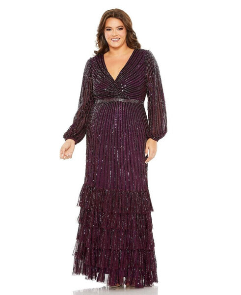 Women's Plus Size Beaded Faux Wrap Puff Sleeve Ruffle Tiered Gown