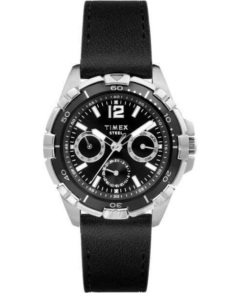 Men's Quartz Analog Premium Dress Leather Black Watch 44mm
