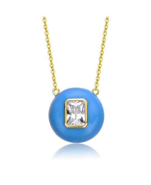 Kids 14k Gold Plated with Cubic Zirconia Radiant Solitaire Blue Enamel Small Round Pendant Necklace