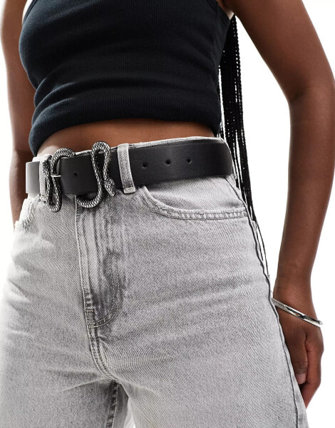 ASOS DESIGN waist and hip jeans belt with silver snake buckle in black