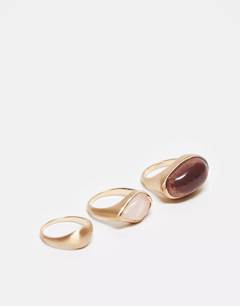 ASOS DESIGN Curve pack of 3 rings with semi precious style stone set in brushed gold tone