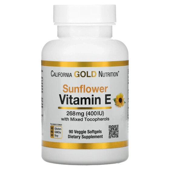 Витамин Е от California Gold Nutrition, Sunflower Vitamin E, с Миксом Токоферолов, 400 МЕ, 90 Веганских Мягких Желатинок