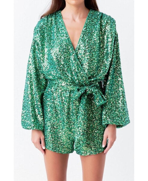 Women's Sequins Wrapped Romper with Belt