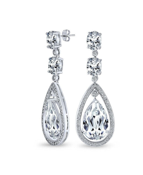 Art Deco Style Wedding Clear AAA Cubic Zirconia Halo Large Teardrop CZ Statement Dangle Chandelier Earrings For Women Bridal Party Silver Plated