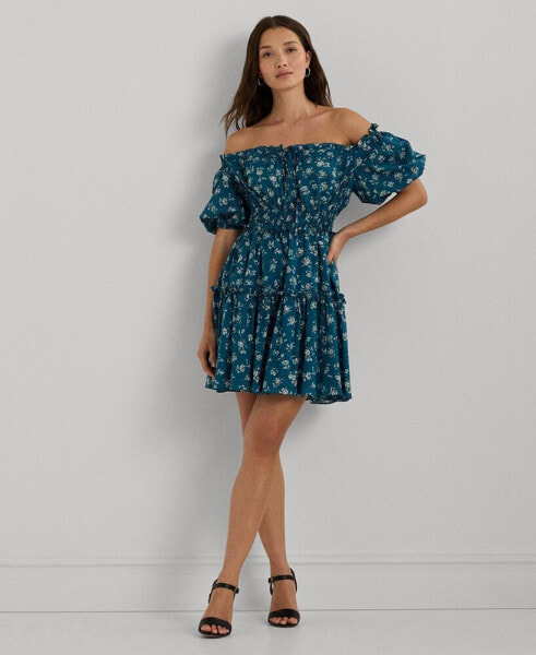 Women's Floral Cotton Voile Bubble-Sleeve Dress