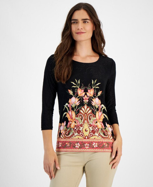 Petite Floral-Print 3/4-Sleeve Top, Created for Macy's