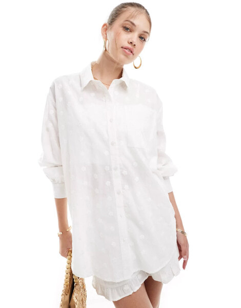 Miss Selfridge cotton embroidered oversized shirt in cream