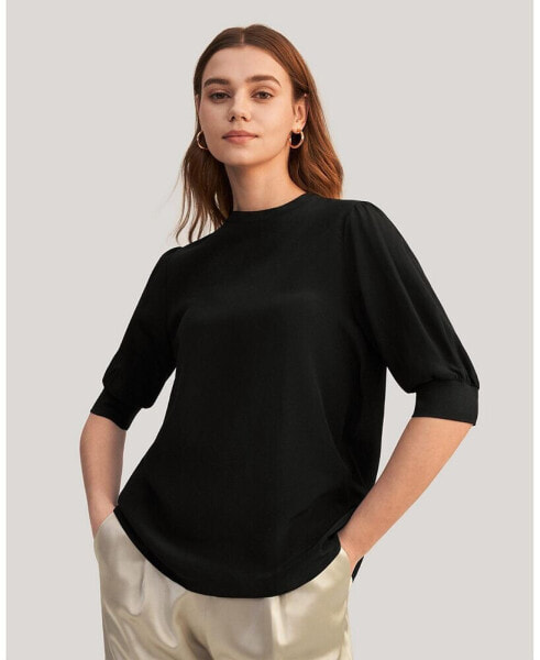 Women's Elegant Casual Silk Tee With Rib Cuff