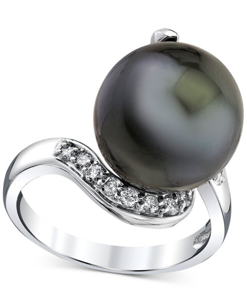 Cultured Tahitian Pearl (13mm) & Diamond (1/3 ct. t.w.) Swirl Statement Ring in 14k White Gold