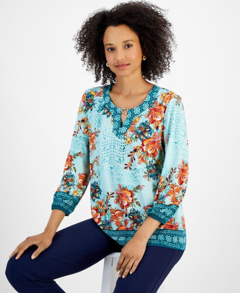 Women's Printed Long Sleeve Hardware-Trim Keyhole Top, Created for Macy's