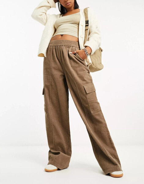 ASOS DESIGN cord pull on cargo trouser in biscuit