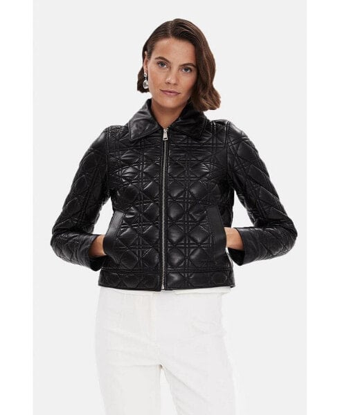 Women's Genuine Leather Quilted Bomber Jacket, Black