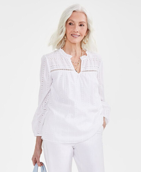 Women's Cotton Eyelet Split-Neck Top, Created for Macy's