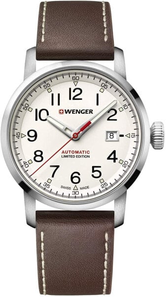 WENGER Herren Armbanduhr Attitude Automatic Ø 42mm, Swiss Made, Wasserdicht bis 100m, Leder-Armband, Creme/Braun, 01.1546.101